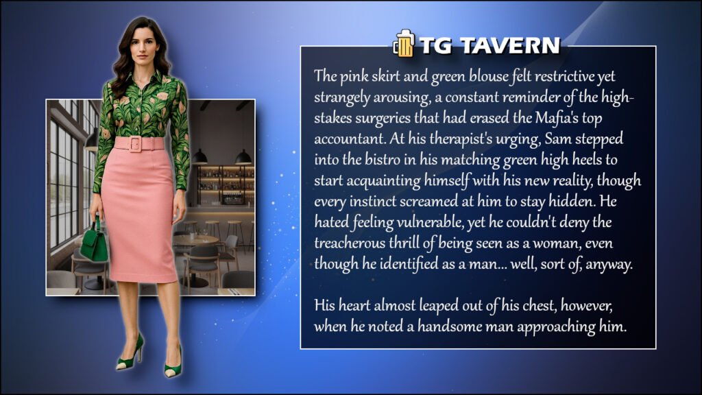TG caption showing Sam nervously entering a bistro in a pink skirt and green blouse, confronting his first public step into a feminized identity.