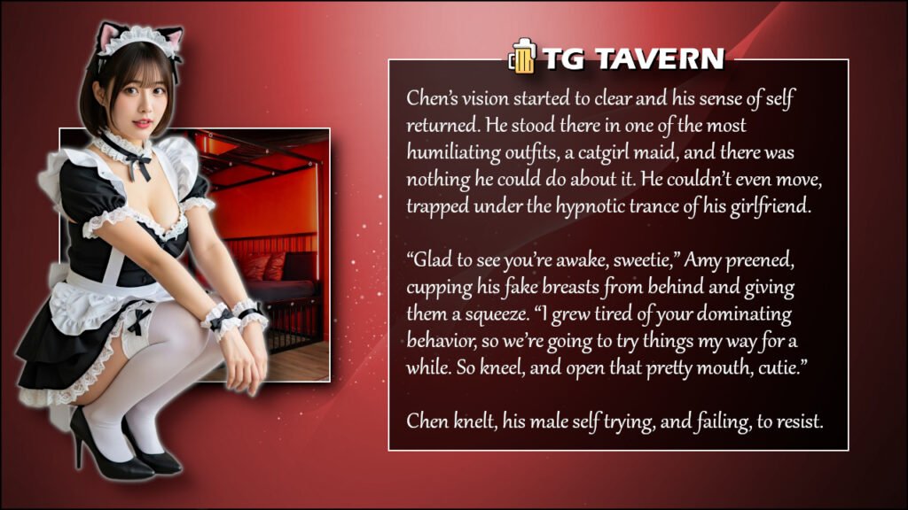 TG caption showing Chen dressed as a catgirl maid in a dark, red-lit bedroom, awakening to his loss of control