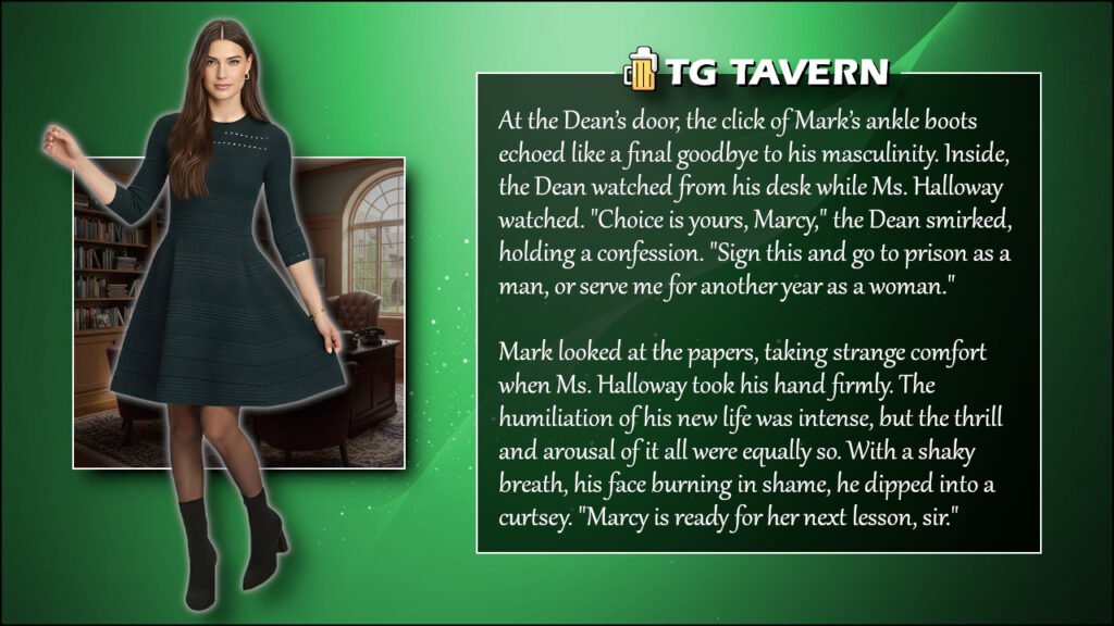 TG caption showing the dean forcing Mark to choose servitude as Marcy, sealing his transformation with humiliation and control.