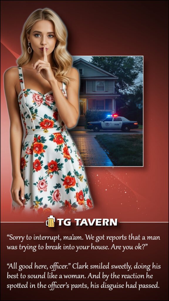 TG caption image showing a convincingly feminine figure in a floral dress answering the door at night while police investigate a reported break-in outside a suburban home.