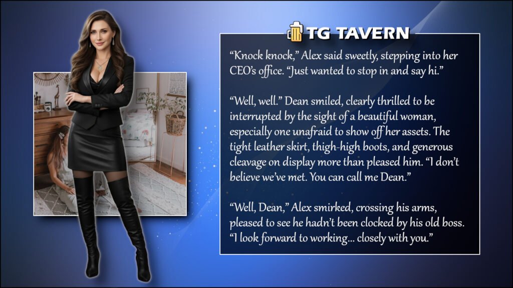 TG caption showing Alex confidently presenting as a woman in a modern CEO’s office, wearing a leather skirt and boots as she greets her unsuspecting boss.