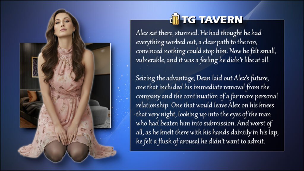 TG caption showing Alex kneeling in a dress indoors, looking vulnerable and exposed as the power dynamic fully shifts against him.