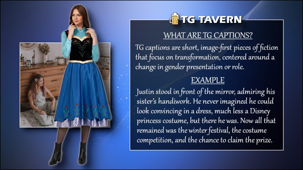 Informational image explaining what TG captions are, showing an example of an image-first caption layout