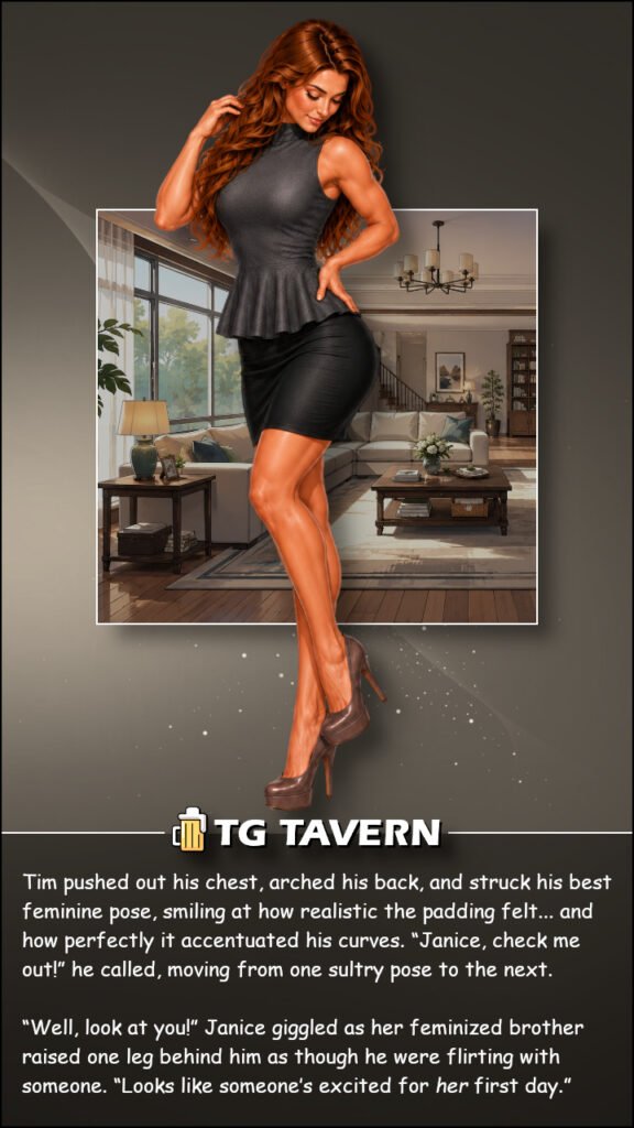 Tim poses playfully in a grey peplum top, fitted black skirt and heels inside a bright living room.