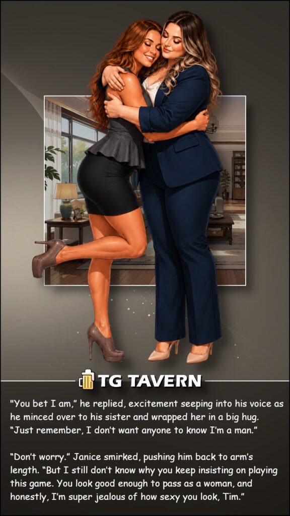 Tim and Janice share a warm hug in a living room while Tim wears a grey top, black skirt and heels.