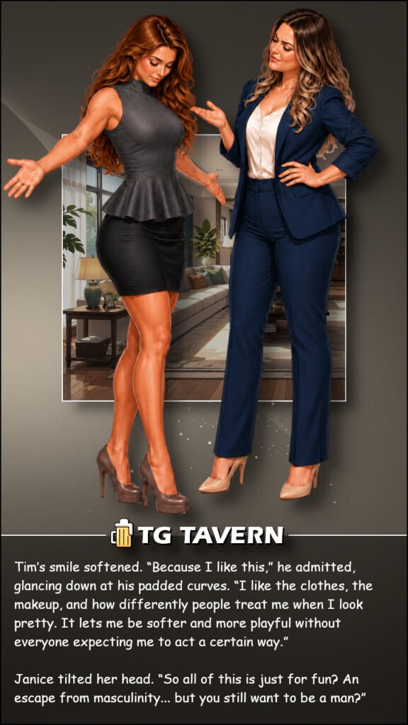 Tim looks down at his feminine outfit while Janice gestures toward him in a bright living room.