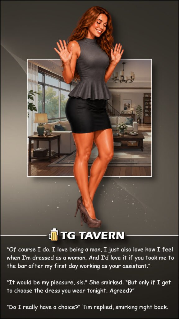 Tim smiles with both hands raised while wearing a grey peplum top, black skirt and platform heels.
