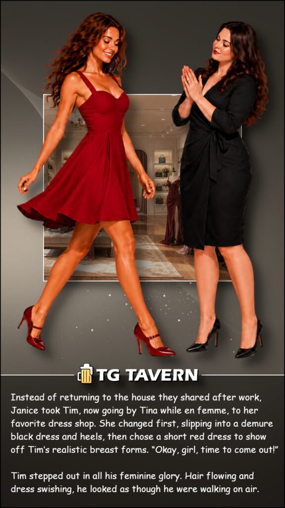 Tim walks confidently in a short red dress and matching heels while Janice applauds inside a dress boutique.