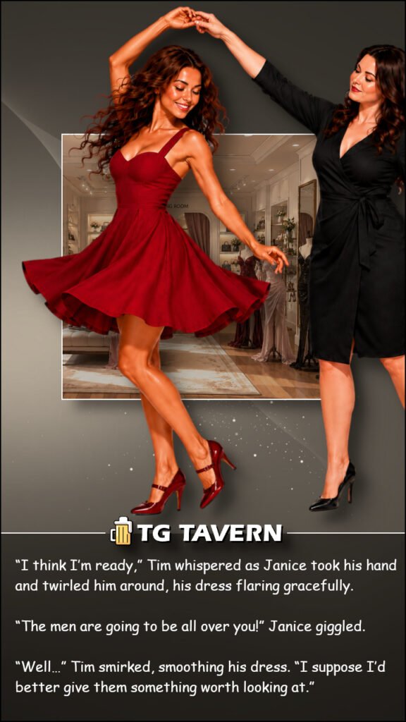 Janice twirls Tim by the hand as his red dress flares around him inside an elegant boutique.
